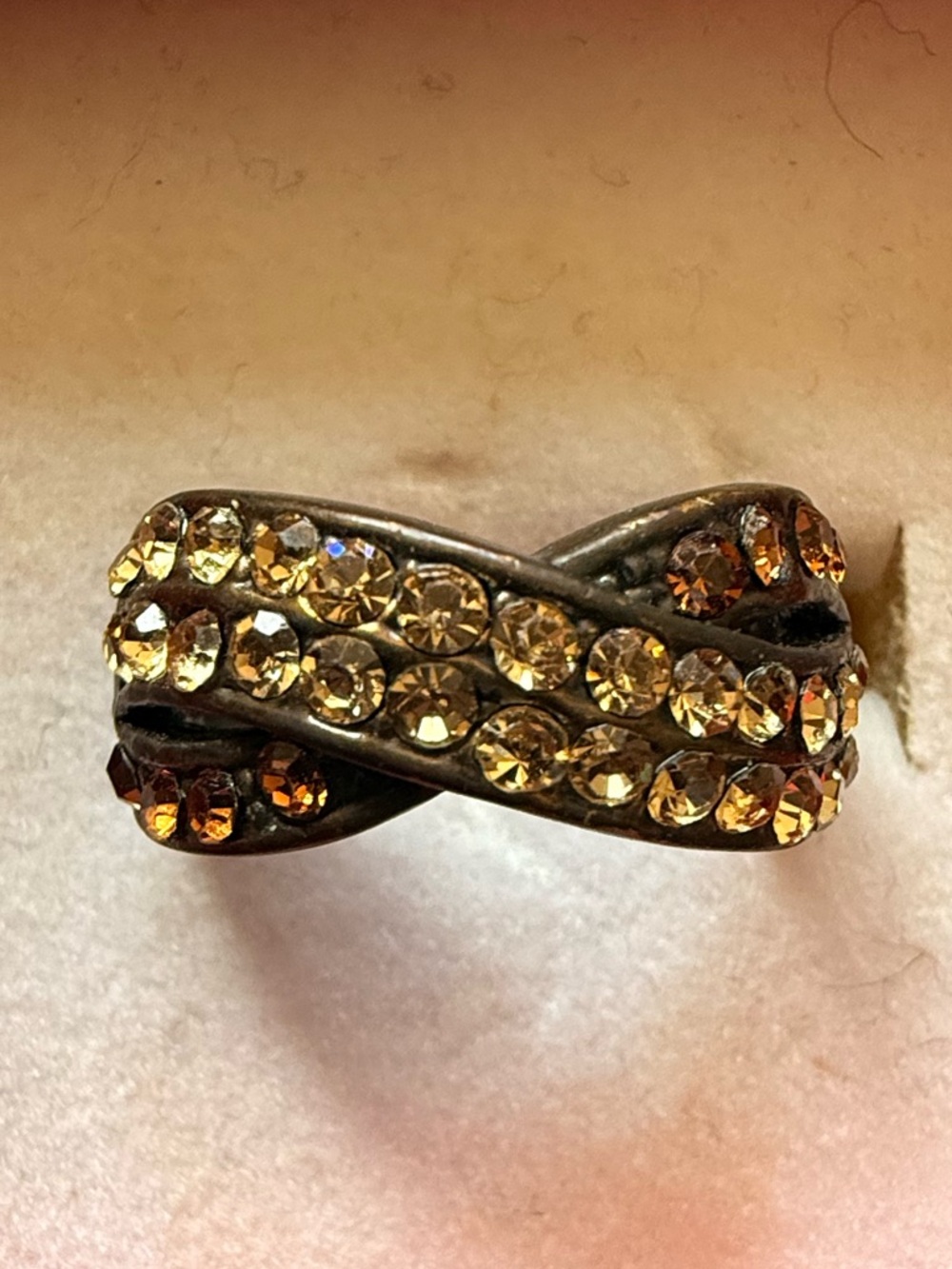 Crystal-Embellished Crossover Ring in Amber